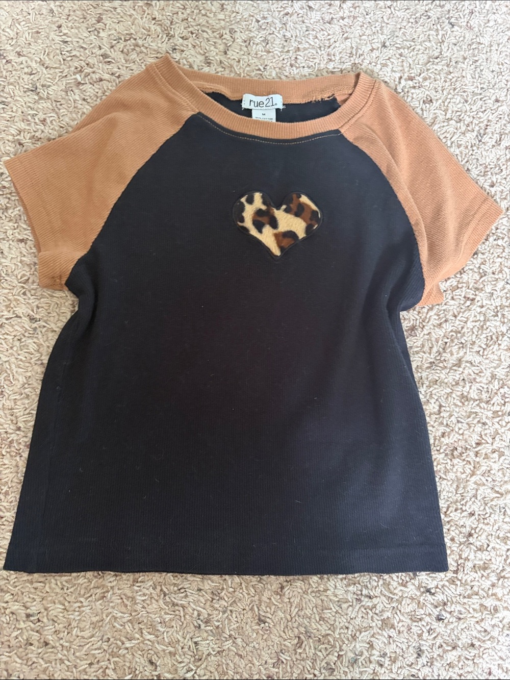 rue21 Kids Black Top with Brown Raglan Sleeves & Leopard Heart